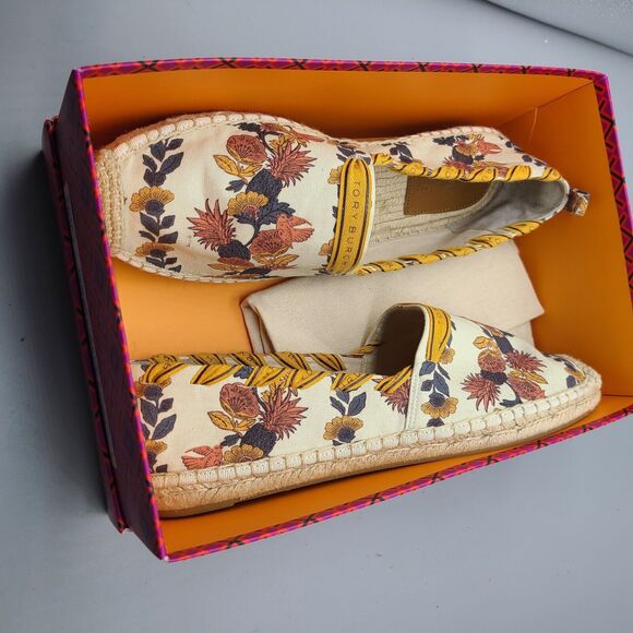 Tory Burch Sz 10.5 Flats Shoe Grosgrain Whipstitch Espadrille Printed Canvas New - Picture 7 of 7